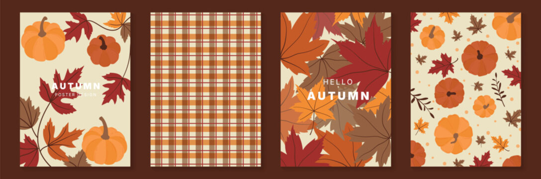 Autumn poster templates and patterns vector set. Seasonal fall illustrations with leaves, pumpkin, flowers and botanical elements for greeting card, cover, print, wall art and background.