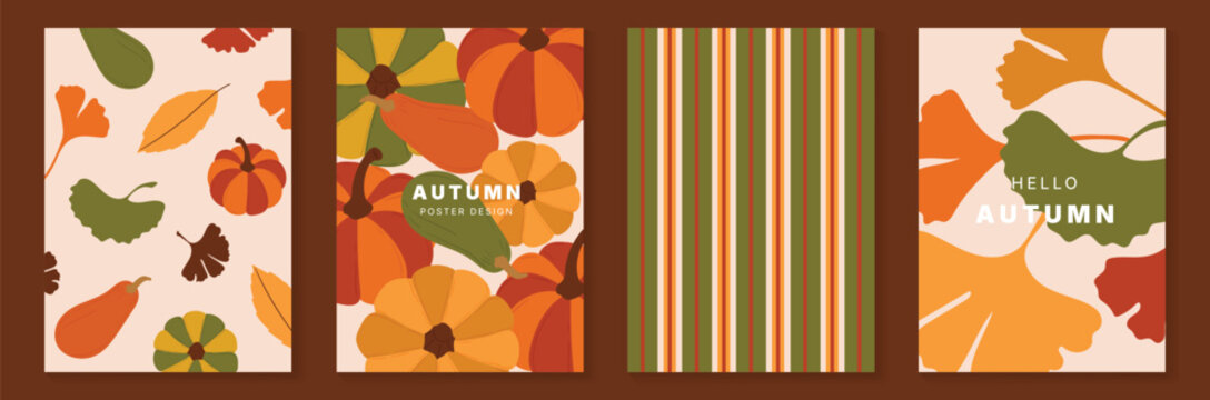 Autumn poster templates and patterns vector set. Seasonal fall illustrations with leaves, pumpkin, flowers and botanical elements for greeting card, cover, print, wall art and background.