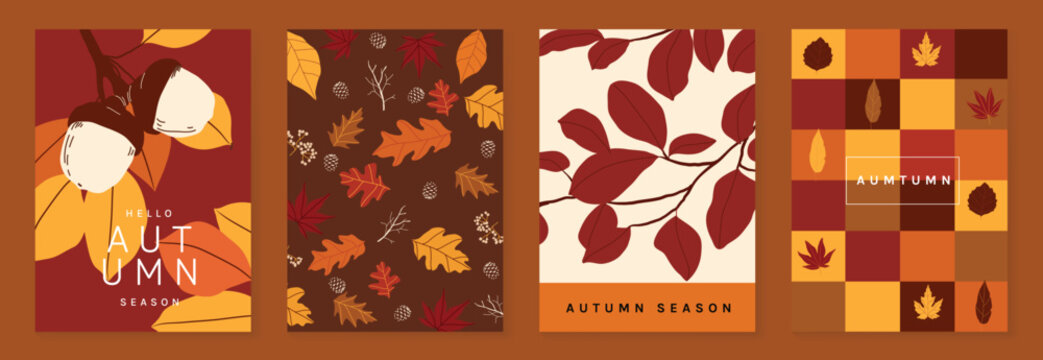 Autumn poster templates and patterns vector set. Seasonal fall illustrations with leaves, pumpkin, flowers and botanical elements for greeting card, cover, print, wall art and background.