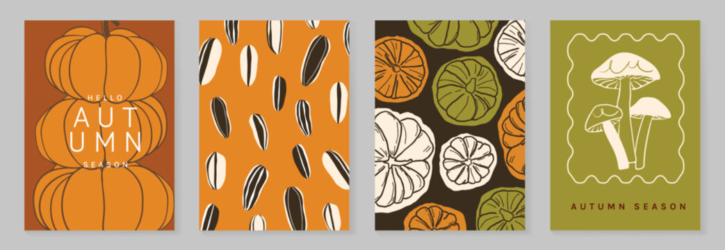 Autumn poster templates and patterns vector set. Seasonal fall illustrations with leaves, pumpkin, flowers and botanical elements for greeting card, cover, print, wall art and background.
