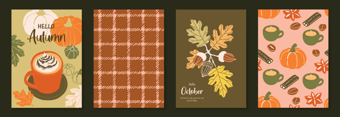 Obraz premium Autumn poster templates and patterns vector set. Seasonal fall illustrations with leaves, pumpkin, flowers and botanical elements for greeting card, cover, print, wall art and background.