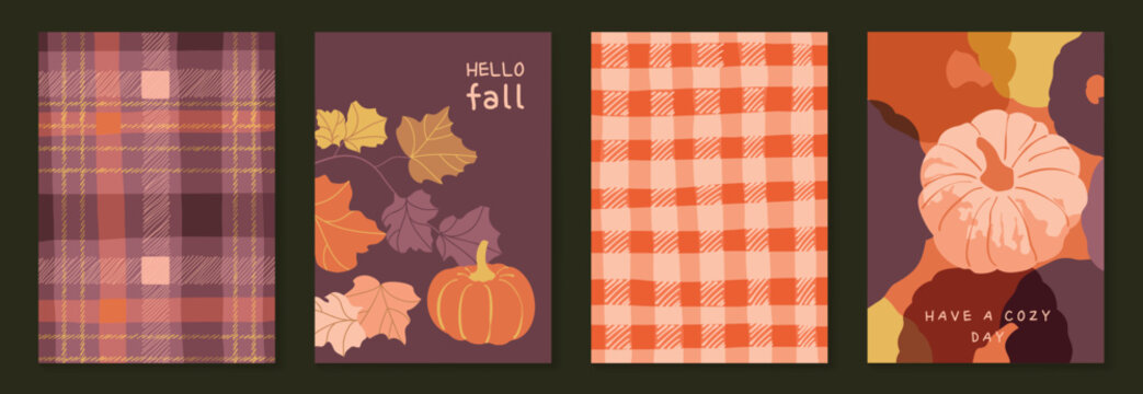 Autumn poster templates and patterns vector set. Seasonal fall illustrations with leaves, pumpkin, flowers and botanical elements for greeting card, cover, print, wall art and background.