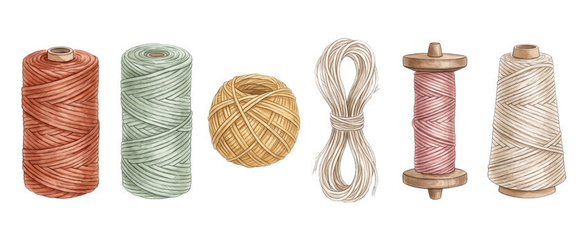 Sewing thread yarn spool ball illustration set arranged for handcrafting, knitting, and tailoring projects, offering a rustic watercolor vintage aesthetic for DIY hobby textile design assets.