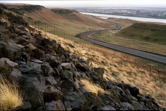 Rugged rocky hillside overlooking winding road and distant river.