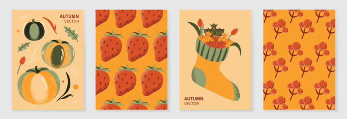 Obraz premium Autumn poster templates and patterns vector set. Seasonal fall illustrations with leaves, pumpkin, flowers and botanical elements for greeting card, cover, print, wall art and background.