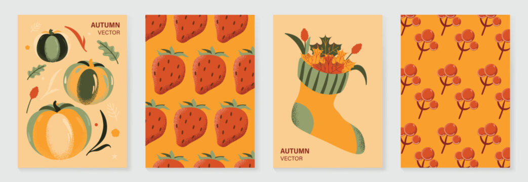 Autumn poster templates and patterns vector set. Seasonal fall illustrations with leaves, pumpkin, flowers and botanical elements for greeting card, cover, print, wall art and background.