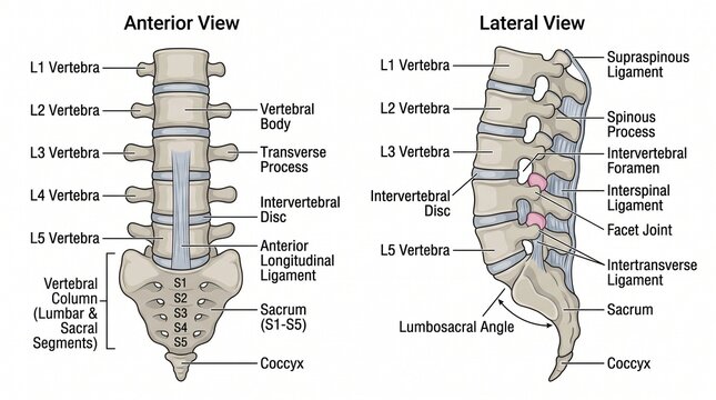Anterior and lateral views of the lumbar spine anatomy with labels, spinal colum