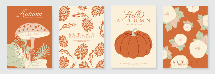 Obraz premium Autumn poster templates and patterns vector set. Seasonal fall illustrations with leaves, pumpkin, flowers and botanical elements for greeting card, cover, print, wall art and background.