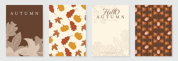 Obraz premium Autumn poster templates and patterns vector set. Seasonal fall illustrations with leaves, pumpkin, flowers and botanical elements for greeting card, cover, print, wall art and background.