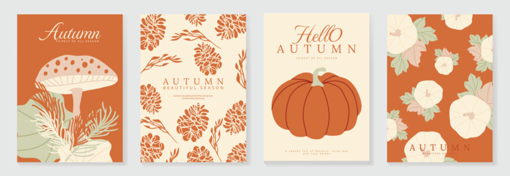 Autumn poster templates and patterns vector set. Seasonal fall illustrations with leaves, pumpkin, flowers and botanical elements for greeting card, cover, print, wall art and background.