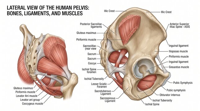 Lateral view of the human pelvis showing bones ligaments muscles with, ligaments