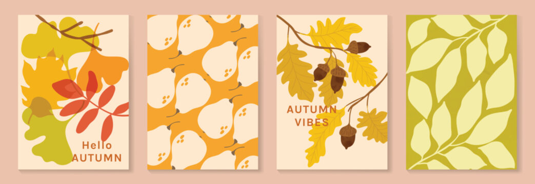 Autumn poster templates and patterns vector set. Seasonal fall illustrations with leaves, pumpkin, flowers and botanical elements for greeting card, cover, print, wall art and background.