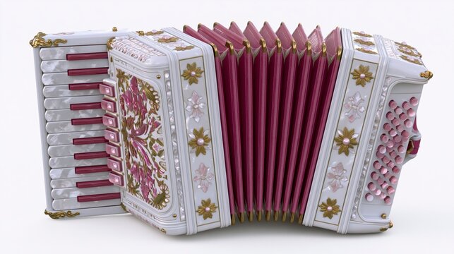 Elegant Vintage Accordion with Intricate Pink Floral Designs and Gold Accents, Isolated on White Background