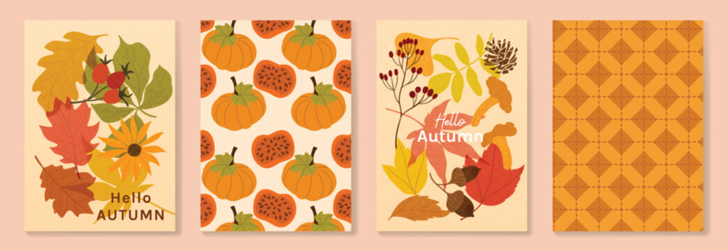 Autumn poster templates and patterns vector set. Seasonal fall illustrations with leaves, pumpkin, flowers and botanical elements for greeting card, cover, print, wall art and background.