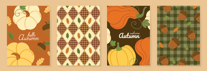 Obraz premium Autumn poster templates and patterns vector set. Seasonal fall illustrations with leaves, pumpkin, flowers and botanical elements for greeting card, cover, print, wall art and background.