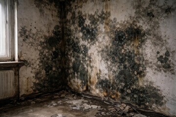 Abandoned Room with Moldy Walls and Cracked Floor in Dim Light © TheWaterMeloonProjec