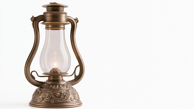 Vintage bronze oil lantern with a lit flame, isolated on a white background with copy space