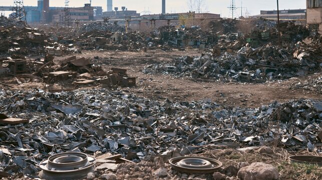 Large Industrial Scrapyard with Piles of Metal Waste and Factory in the Background