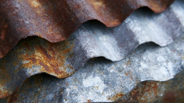 Close-up of Rusted Corrugated Metal Sheets with Weathered Texture and Corrosion