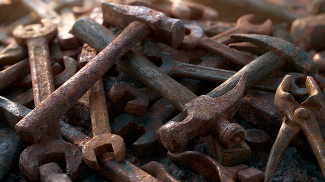 A pile of old, rusty hand tools, including hammers, wrenches, and pliers, showing significant wear and corrosion.