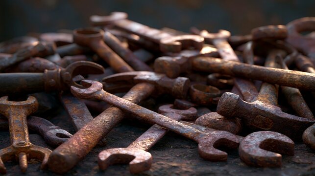 Pile of vintage rusty hand tools including wrenches and hammers, old corroded metal equipment
