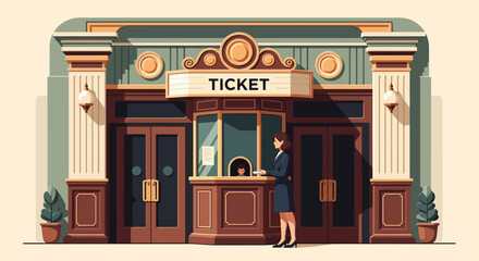 Fototapeta premium Woman buying ticket at vintage theater box office.