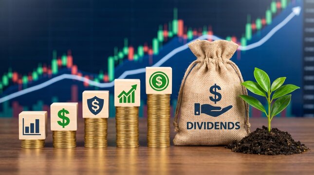 Concept of financial growth and dividends with a money bag, stacked coins with business icons, and a growing plant against a stock market chart background