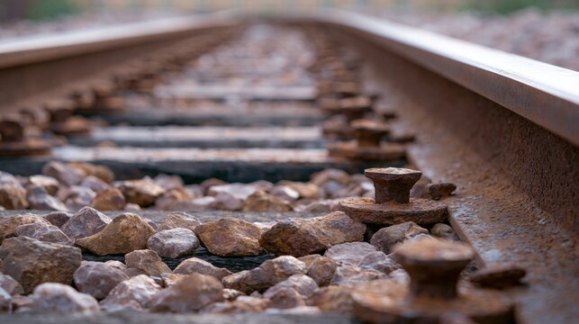 Close-up of Rusty Railway Tracks with Gravel and Shallow Depth of Field