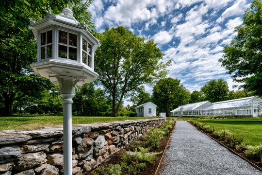 A garden lantern with a stone wall and path. Beautiful nature scenery.