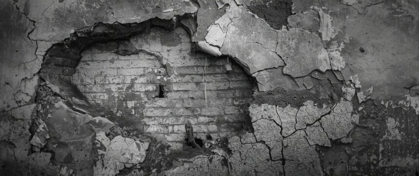 Cracked Wall with Exposed Brick in Black and White Texture