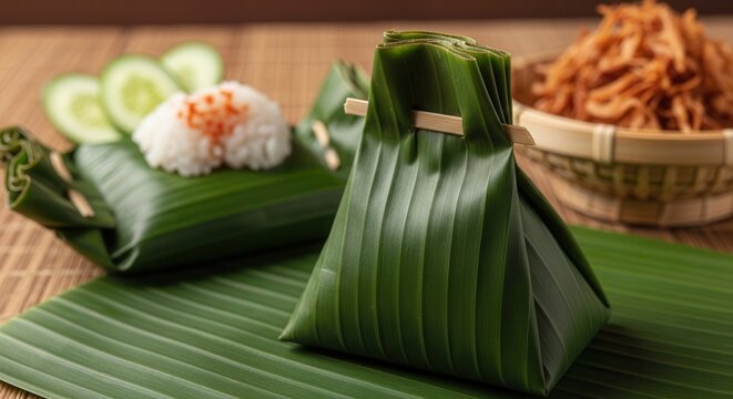 Traditional Indonesian Food Wrapped in Banana Leaves with Rice and Cucumber