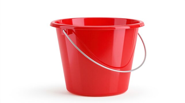 Red plastic bucket with metal handle isolated on white background