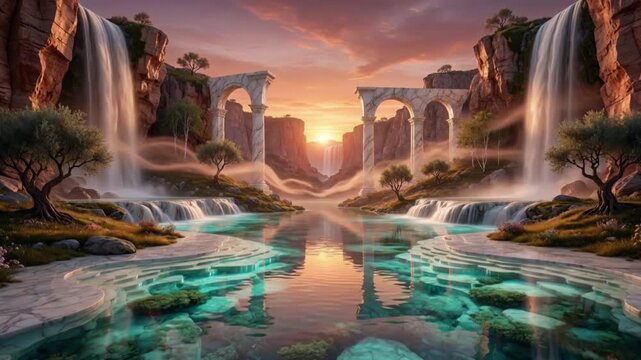 Fantasy Paradise Landscape With Majestic Waterfalls And Ancient Ruins At Golden Sunset Time