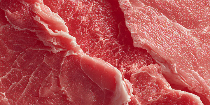 Close-up macro shot of raw red meat texture, showing fine fibers and marbling, suitable for culinary or biological themes