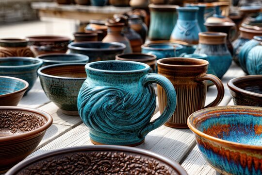 Handmade ceramic pottery and bowls on display outdoors. Artisan.