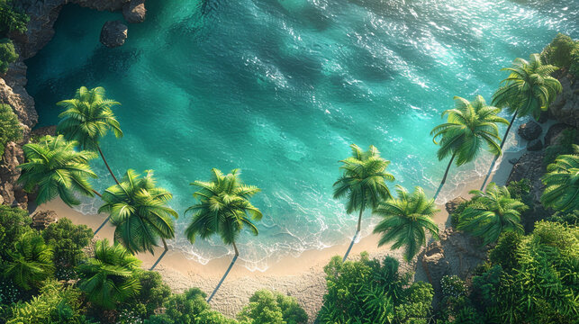 Aerial top view of turquoise ocean, sand beach and palms