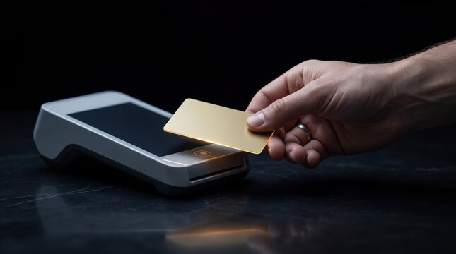 VIP client inserting premium gold card in smart POS terminal credit card transaction luxury banking high end retail finance payment concept
