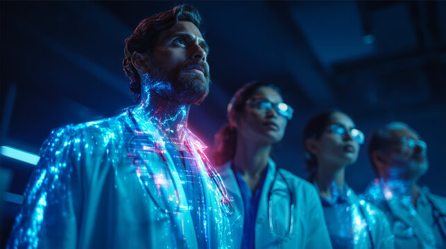 Multicultural team of doctors and scientists analyzing holographic medical data in a futuristic research laboratory. AI generated concept of healthcare innovation, artificial intelligence and collabor