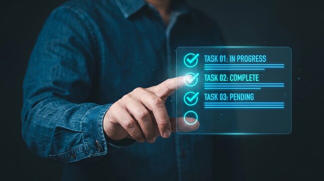 Man interacting with futuristic holographic checklist interface displaying task progress and completion status