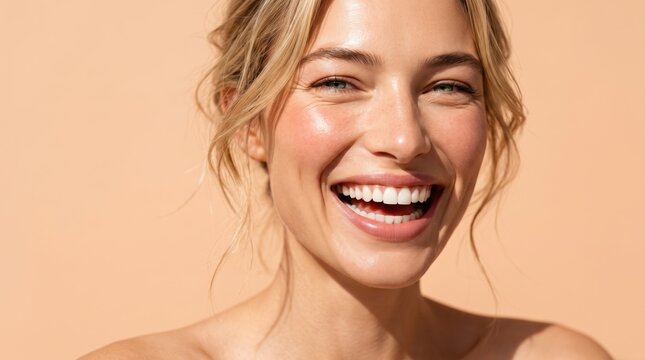 Happy woman with clean skin smiling against beige background in bright sunlight showcasing healthy teeth and skincare beauty concept for cosmetic ads