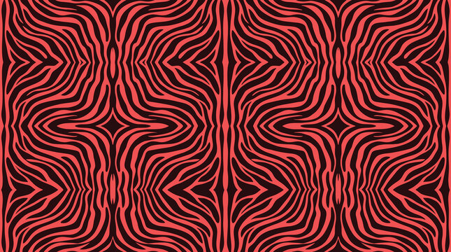 Seamless pattern featuring a repeating zebra stripe texture with wavy vertical lines in a bold contrast of deep black and vibrant coral red, creating a