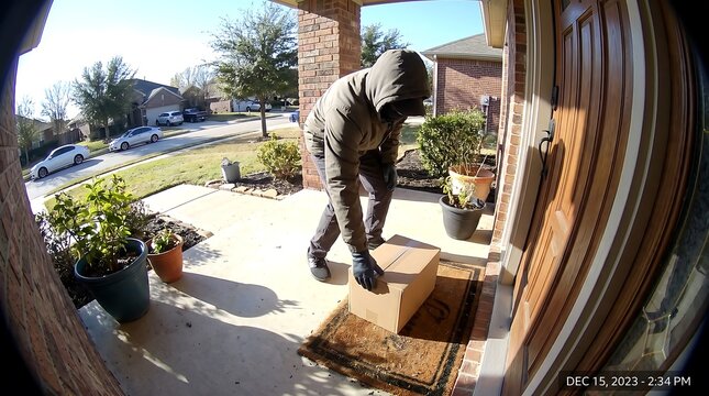Hooded Person Delivering Package to Front Door.