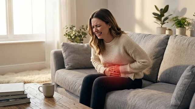 Female abdominal distress: feel uterine pain, endure menstrual cramp, manage period irregularity, seek gynecology consult, address ovary dysfunction, understand hormone imbalance.