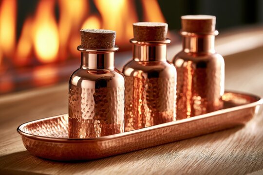 Three copper bottles with cork stoppers on a tray near a warm.