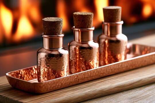 Copper bottles with corks on tray. Ideal for luxury aromatherapy.