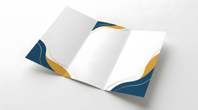 Blank Trifold Brochure Mockup with Modern Blue and Gold Wave Design Template for Business Marketing Presentation