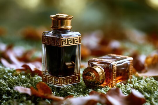 Two luxury perfume bottles on moss. Fragrance product branding.