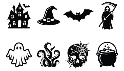 Fototapeta premium Set of halloween icons, vector illustrations of haunted house, witch hat, bat, grim reaper, ghost, octopus tentacles, skull with spider web and cauldron
