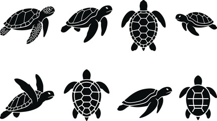 Set of eight black silhouettes of sea turtles swimming in different directions and poses, isolated on a white background, set © MD