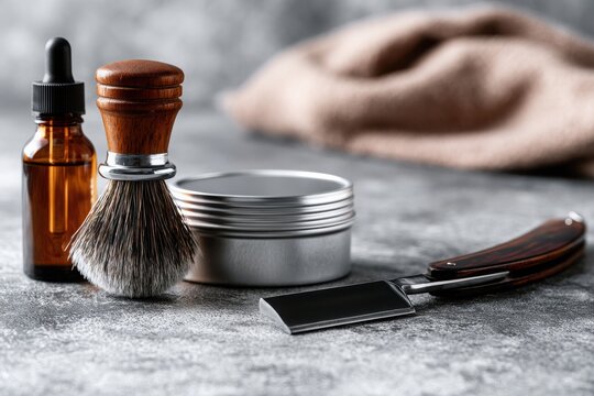 Barber tools with a straight razor and brush.